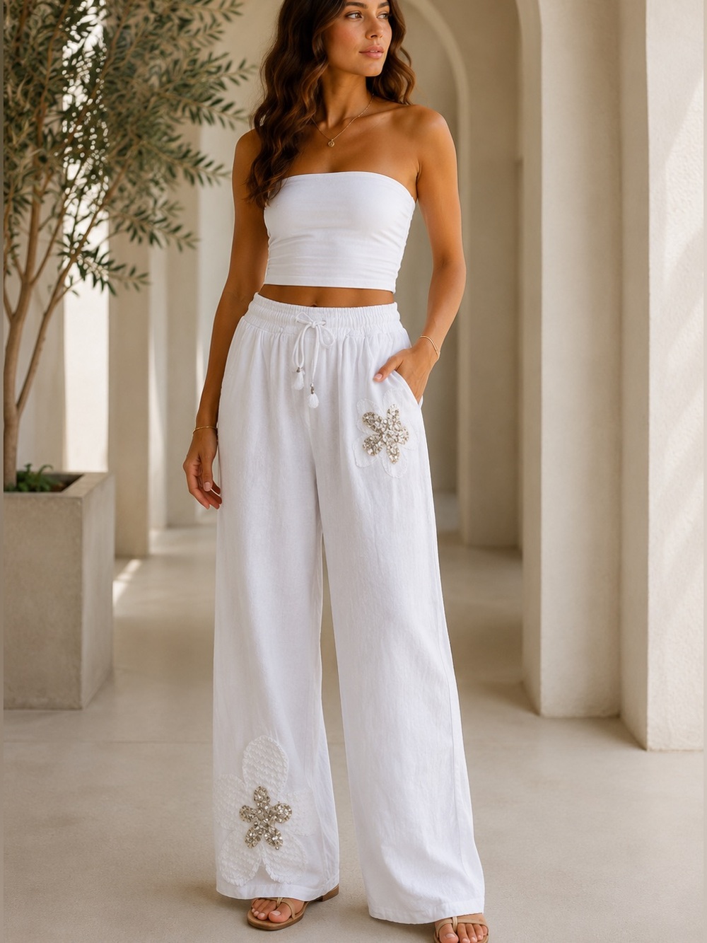 SM169 | Made in Italy | 100% Linen Floral Wide-Leg Pants - Picture 3 of 3